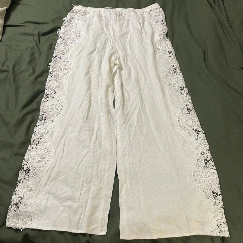 H&M Pants Womens L White Linen Blend Crochet Lace Wide Leg Boho Trousers NEW